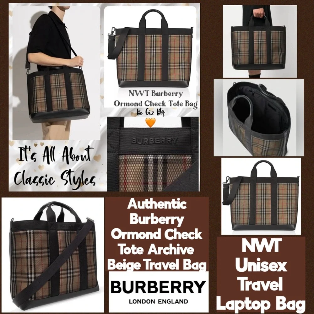 🔥🔥NWT Authentic Burberry Ormond Check Tote Archive Beige Travel Bag